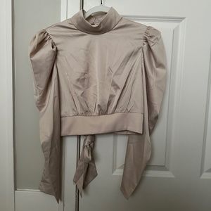 Beige Open Back Long Sleeve Blouse